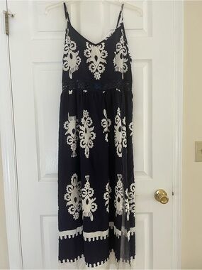 Cupshe Navy and White Printed Spaghetti-Strap Dress